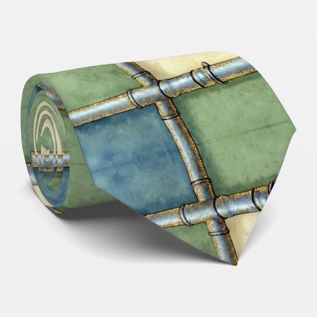 Artistic Watercolor Geometric Blue Green Gold Tie (Rolled)