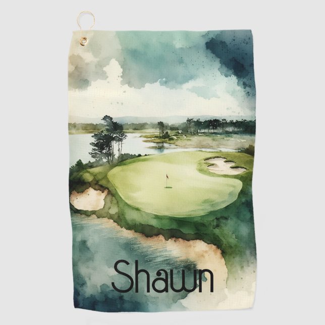 Artistic watercolor golf course golf towel (Front)