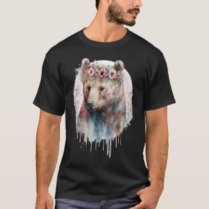 Artistic Watercolor Grizzly Bear Flower Crown Boho T-Shirt