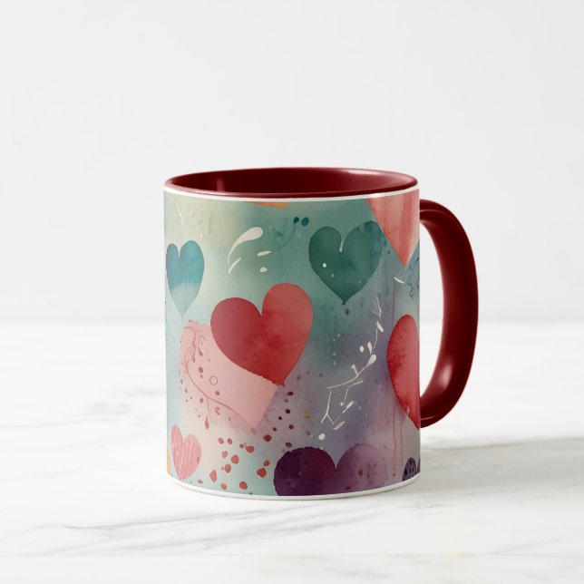 Artistic Watercolor Hearts Two-Tone Coffee Mug (Front Right)