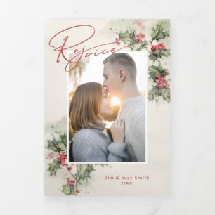 Artistic Watercolor Holly Rejoice Script & Photo Tri-Fold Card