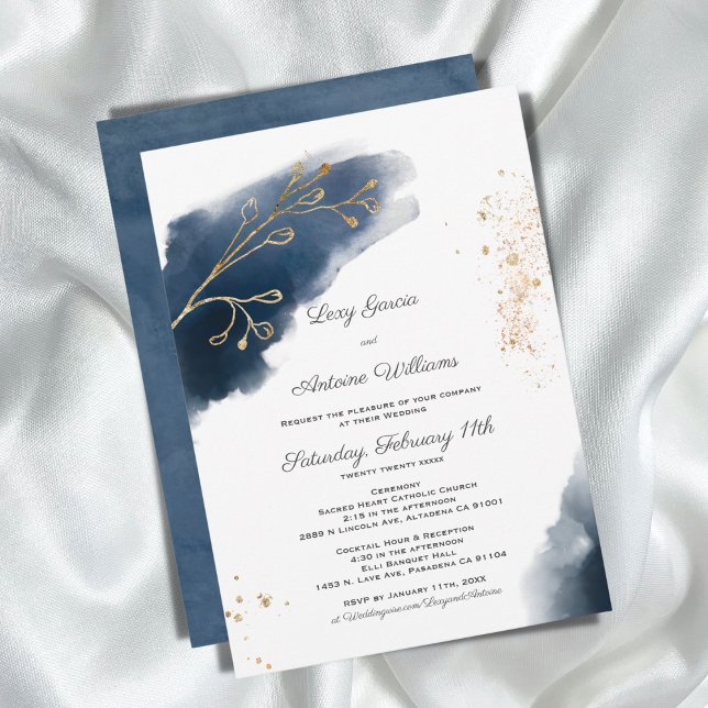 Artistic Watercolor Ink Navy Blue Gold Wedding Invitation (Creator Uploaded)