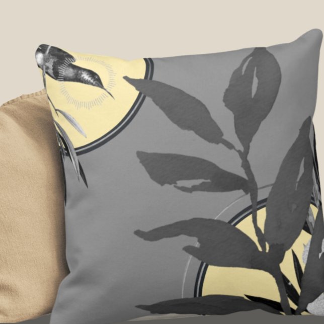 Artistic Watercolor Leaves | Dark Grey & Yellow Cushion (Creator Uploaded)