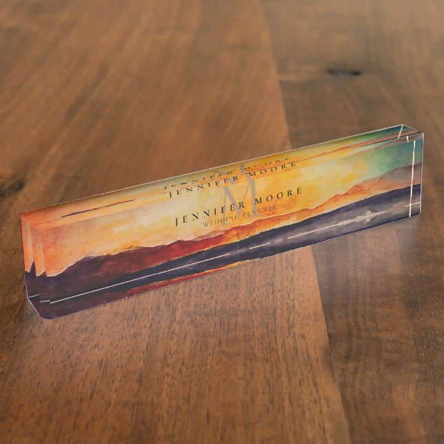 Artistic Watercolor Mountain Landscape Monogrammed Nameplate (Side)