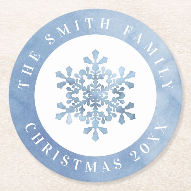 Artistic Watercolor Snowflake Blue Christmas Round Paper Coaster (Front)