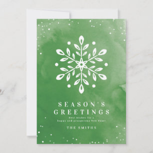 Artistic Watercolor Snowflake Green Christmas card