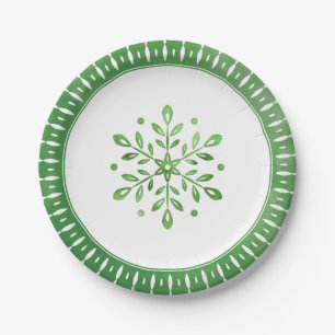 Artistic Watercolor Snowflake Green Christmas Paper Plate