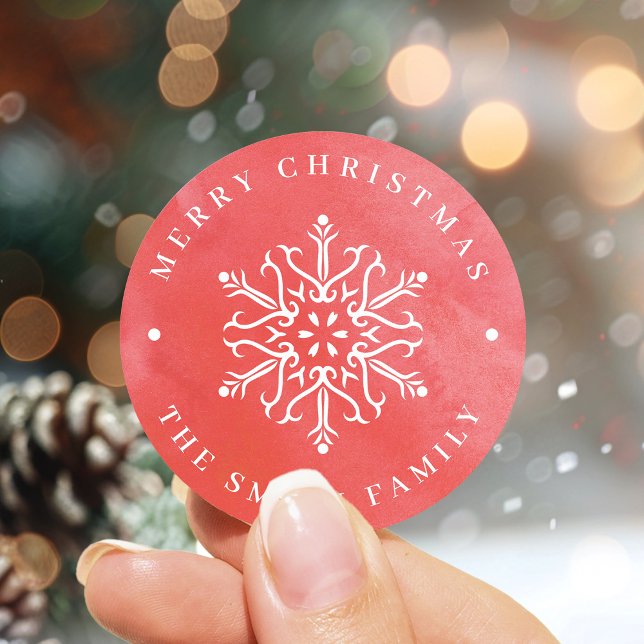 Artistic Watercolor Snowflake Red Christmas Classic Round Sticker (Artistic Watercolor Snowflake Red Christmas Classic Round Sticker)