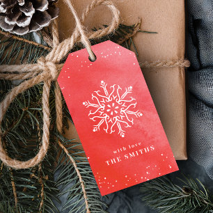 Artistic Watercolor Snowflake Red Christmas Gift Tags