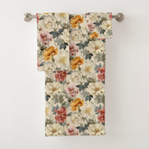 Artistic watercolor vintage flowers Elegant Cute Bath Towel Set