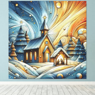 Artistic Whimsical Church with Christmas Trees  Canvas Print
