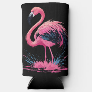 Artistic Whimsical Pink Flamingo Splash Black Seltzer Can Cooler