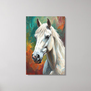 Artistic White Horse Portrait Vibrant Oil Painting Canvas Print