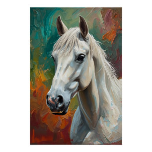 Artistic White Horse Portrait Vibrant Oil Painting Poster