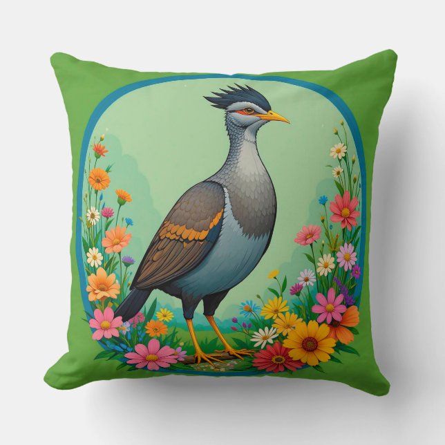 Artistic Wildlife Bird Surrounded by Blooming Cushion (Front)
