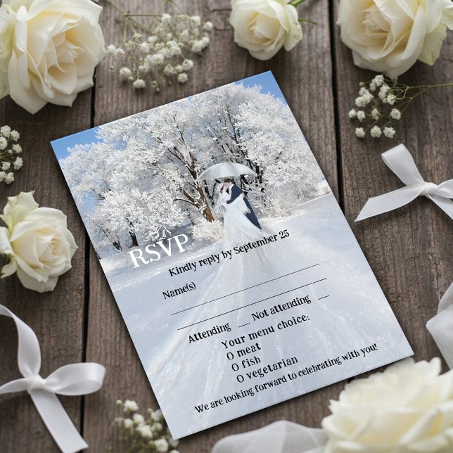 Artistic Winter Wonderland Dream Wedding RSVP Card (Wedding RSVP card featuring a painting of a winter wonderland scene with a couple with umbrella)