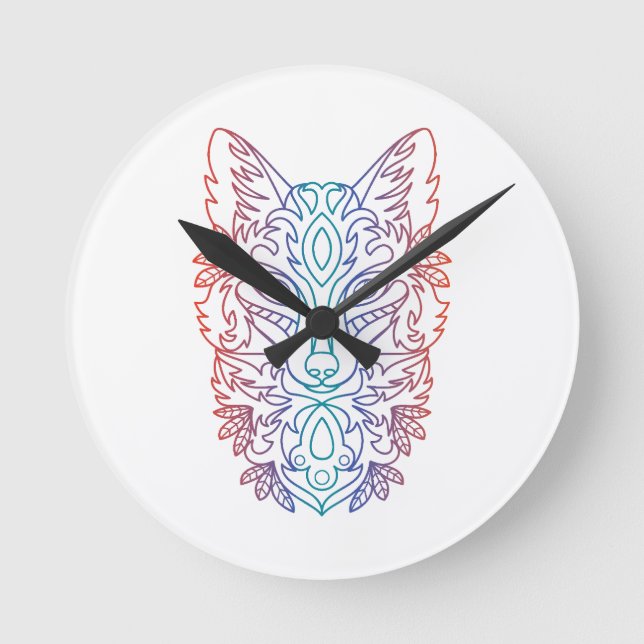 Artistic wolf face round clock (Front)
