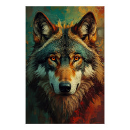 Artistic Wolf Portrait – Vibrant Oil Painting Poster