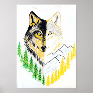 Artistic Wolf Portrait with Nature Background Poster