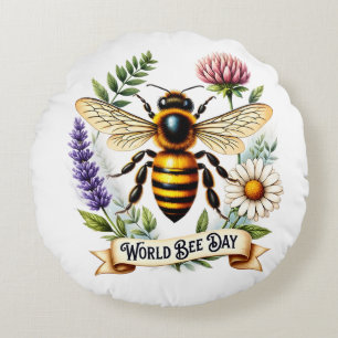 Artistic World Bee Day Illustration with Honeybee Round Cushion