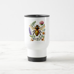 Artistic World Bee Day Illustration with Honeybee Travel Mug