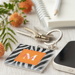 Artistic Zebra Stripes Orange & Hot Pink Monogram Key Ring
