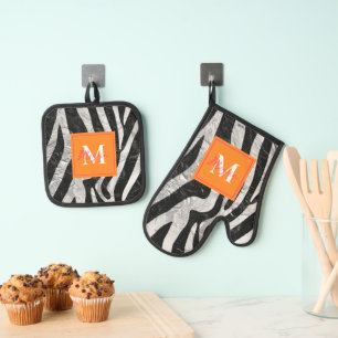 Artistic Zebra Stripes Orange & Hot Pink Monogram Oven Mitt & Pot Holder Set