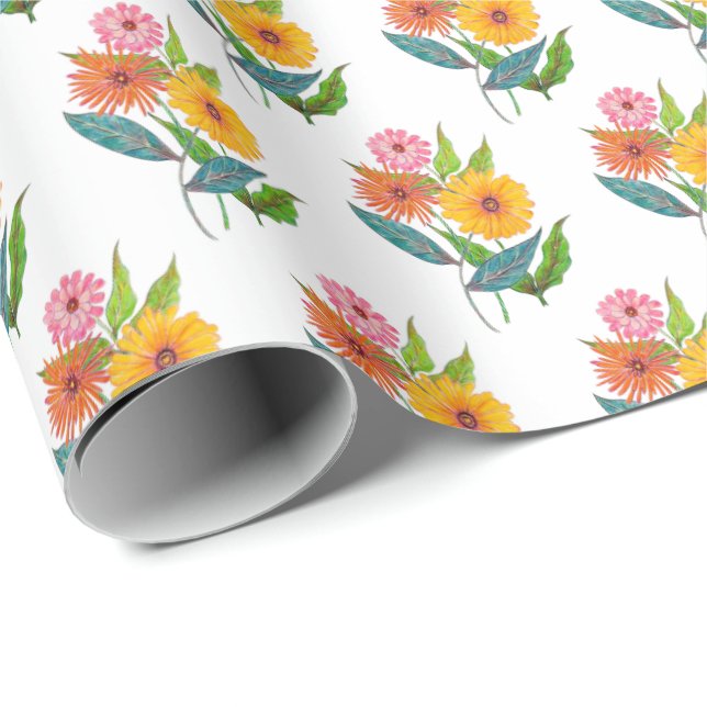 Artistic Zinnia Wildflower Flower Wrapping Paper (Roll Corner)