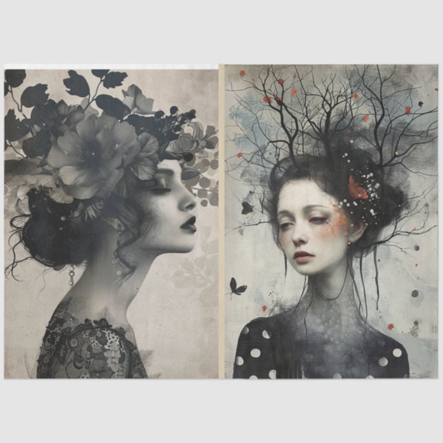 Artists Mixed Media Black White Ivory Large Faces  Tissue Paper (Front)