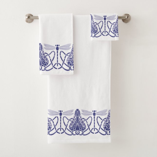 Arts And Crafts Blue & White Dragonflies Frieze Bath Towel Set (Insitu)