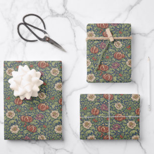 Arts and Crafts Navy Blue Pomegranate Floral Wrapping Paper Sheet