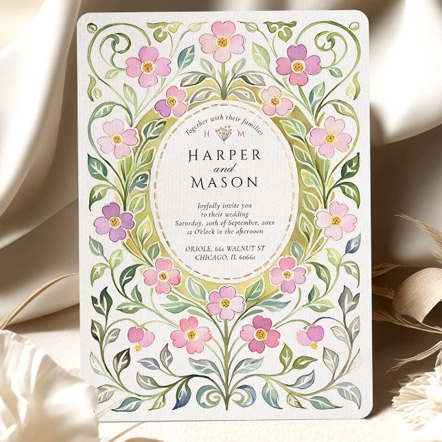 Arts and Crafts Pink Floral Watercolor Wedding Invitation (Creator Uploaded)