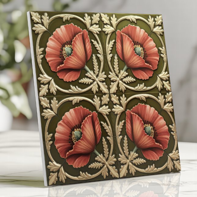 Arts and Crafts Red Poppy and Olive Green  Tile (Creator Uploaded)