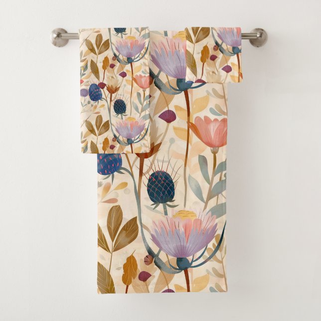 Arts and crafts Scottish thistle and wildflowers  Bath Towel Set (Insitu)
