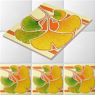 Arts And Crafts Style Ginkgo Biloba Leaves Border Tile