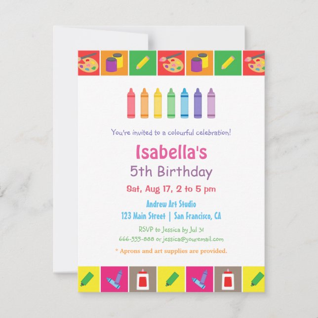Arts and Crafts Themed Kids Birthday Party Invitation (Front)