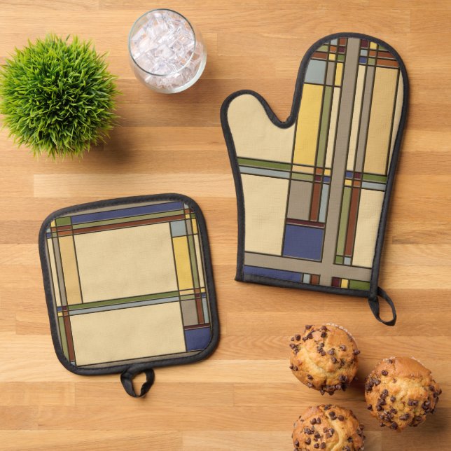 Arts & Crafts Bungalow Design in Fall Colours Oven Mitt & Pot Holder Set (Top Down)