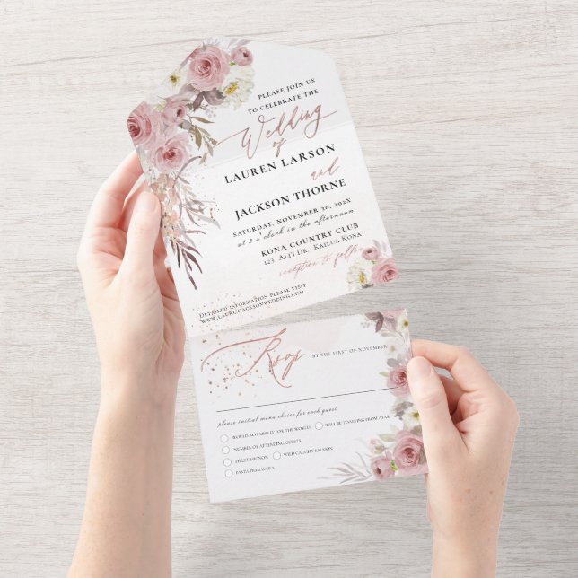 ArtsApp Elegant Dusty Pink Roses, Rose Gold Dust All In One Invitation (Tearaway)