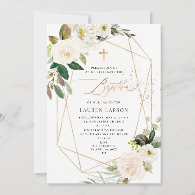 ArtsApp Elegant H2 Alabaster Cream Roses Baptism Invitation (Front)