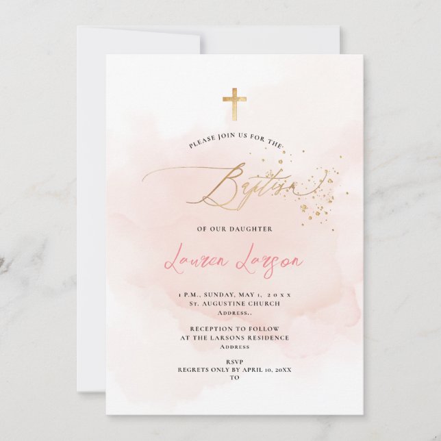 ArtsApp Elegant H2 Washed Pale Pink Baptism Invitation (Front)