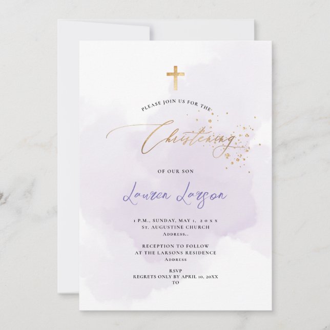 ArtsApp Elegant H2 Washed Purple Christening Invitation (Front)