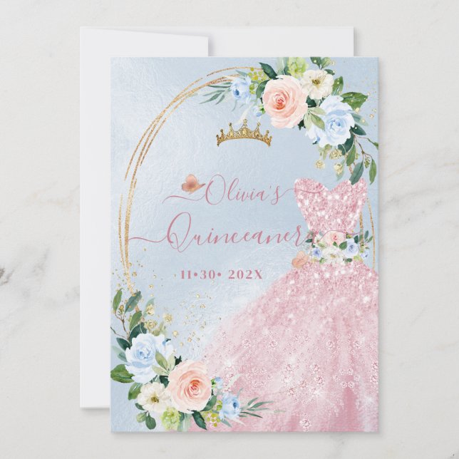 ArtsApp H2 Blush Blue Roses Sparkling Quinceanera Invitation (Front)