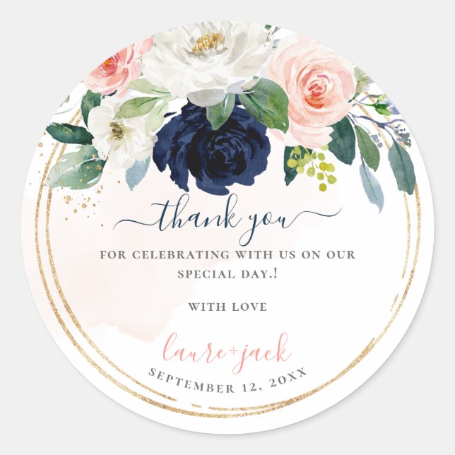 ArtsApp H2 Blush Navy Roses Baby Shower Thank You Classic Round Sticker (Front)