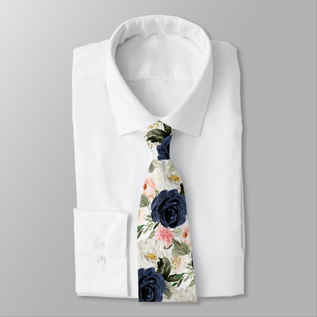 ArtsApp H2 Navy Blush Roses Wedding Tie (Tied)