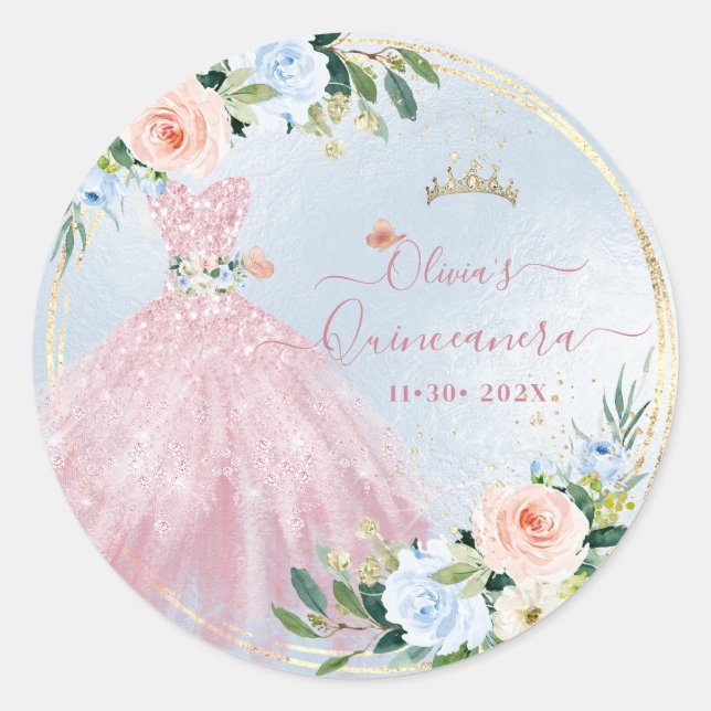 ArtsApp H2 Roses Blush Pink Sparkling Quinceanera Classic Round Sticker (Front)