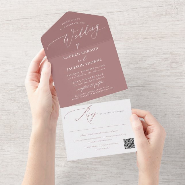 ArtsApp Modern Calligraphy Dusty Rose Wedding All In One Invitation (Tearaway)