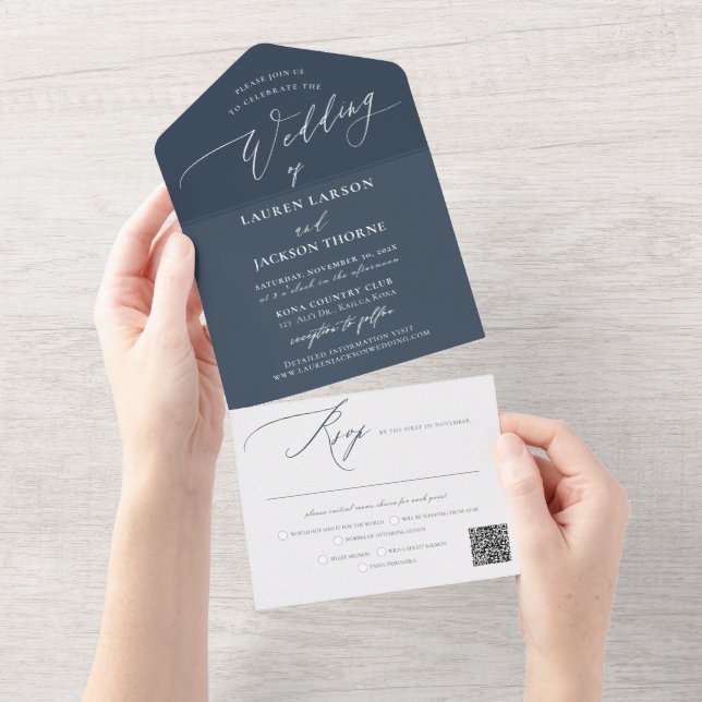 ArtsApp Modern Calligraphy Slate Blue Wedding All In One Invitation (Tearaway)