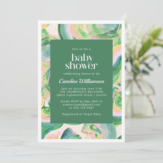Artsy Abstract Green Watercolor Cute Baby Shower Invitation (Standing Front)