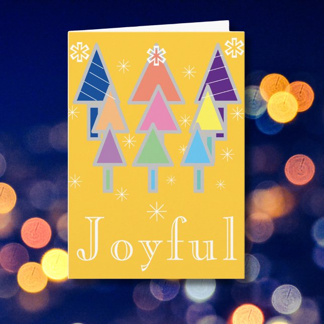 Artsy Art Script Cute Colourful Christmas Holiday  Card ('Joyful' yellow holiday card with abstract art Christmas trees.)