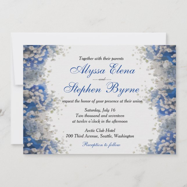 Artsy Baby's Breath on Blue Petals Wedding Invite (Front)